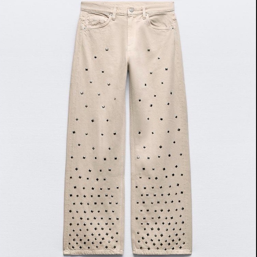 Zara Cream Studded Wide Leg Jeans